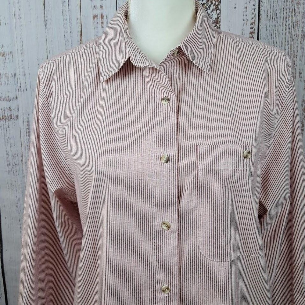 Vintage LL BEAN 12 Womens Red‎ Pinstripe Button Up Shirt Classic Fit Career